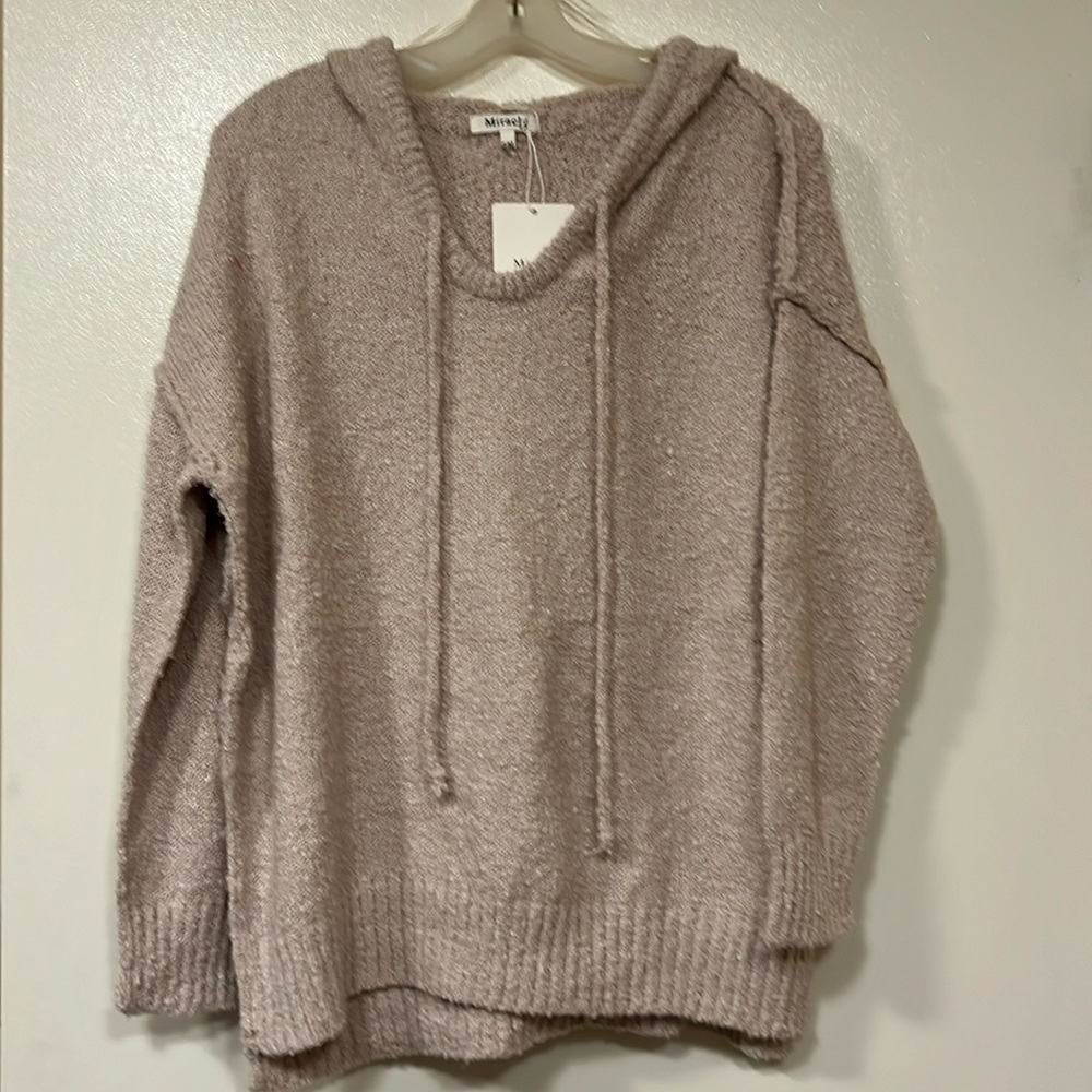 Taupe V-Neck Knit Hoodie Tie Sweater - (#0340)